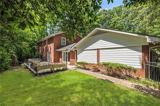 back of property featuring brick siding, a lawn, and an outdoor living space