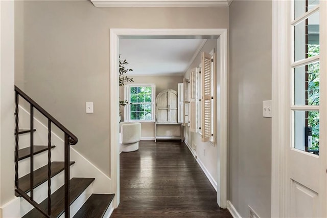 entryway featuring dark wood-type flooring, ornamental molding, stairway, and baseboards