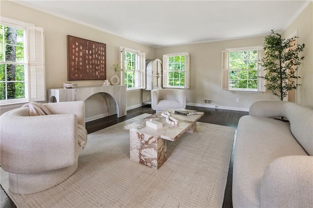 living room with ornamental molding, wood finished floors, plenty of natural light, and baseboards