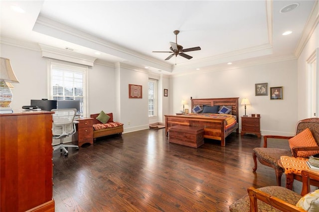 bedroom with baseboards, a raised ceiling, dark wood finished floors, and crown molding