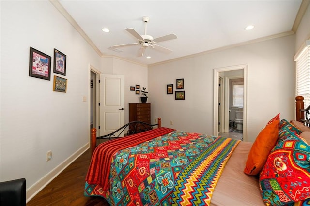 bedroom with dark wood-style floors, ornamental molding, recessed lighting, and baseboards