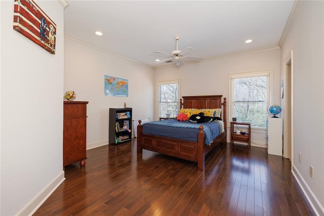 bedroom with crown molding, recessed lighting, dark wood finished floors, and baseboards