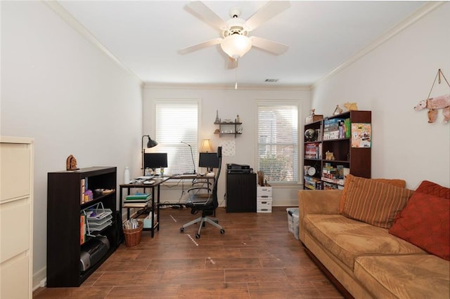 office featuring ceiling fan, baseboards, dark wood finished floors, and crown molding