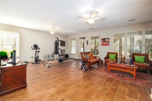 workout room with light wood-style floors, ceiling fan, and a wealth of natural light