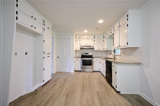 382 Plantation Blvd, Lawrenceville, GA 30046 - kitchen with stainless steel electric range oven, under cabinet range hood, dishwasher, a sink, and light wood-style flooring