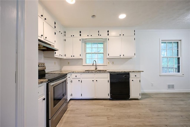 382 Plantation Blvd, Lawrenceville, GA 30046 - kitchen with stainless steel electric stove, dishwasher, a sink, under cabinet range hood, and white cabinetry