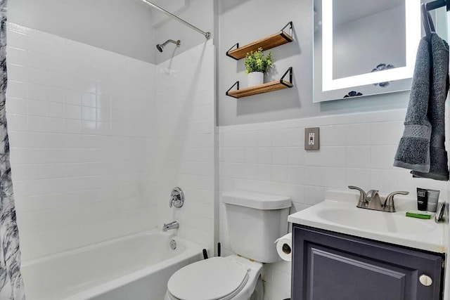 692 Smith St SW, Atlanta, GA 30310 - bathroom with shower / bathtub combination with curtain, tile walls, and vanity