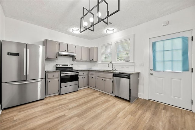 kitchen featuring light hardwood / wood-style floors, stainless steel appliances, sink, decorative light fixtures, and gray cabinets