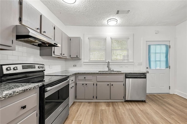 kitchen featuring gray cabinetry, sink, stainless steel appliances, and light hardwood / wood-style floors