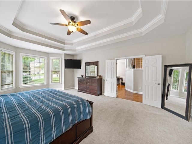 1630 Reindeer Rdg, Alpharetta, GA 30005 - bedroom with ornamental molding, carpet, a tray ceiling, multiple windows, and ceiling fan