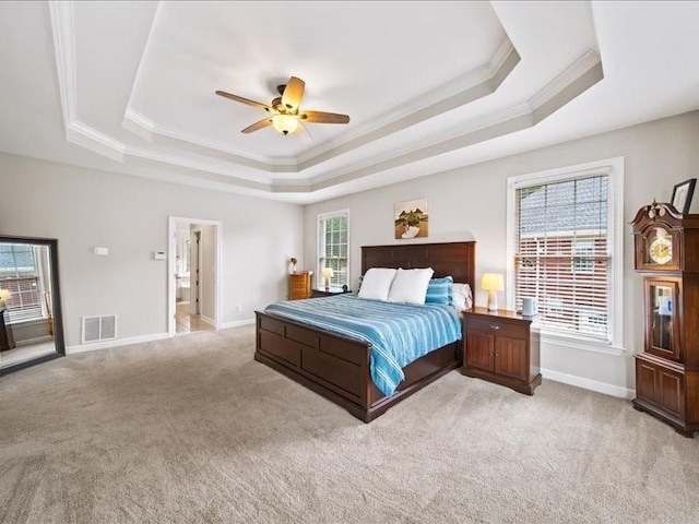 1630 Reindeer Rdg, Alpharetta, GA 30005 - bedroom with a raised ceiling, light carpet, crown molding, and a ceiling fan