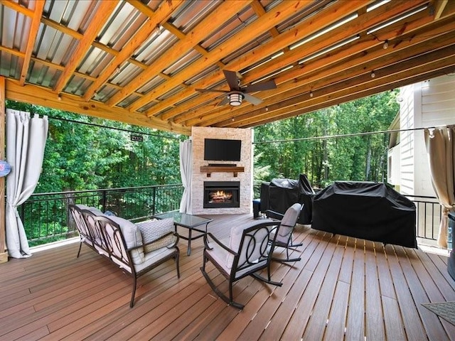 1630 Reindeer Rdg, Alpharetta, GA 30005 - wooden terrace featuring an outdoor stone fireplace, grilling area, and a ceiling fan