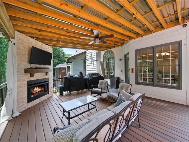 1630 Reindeer Rdg, Alpharetta, GA 30005 - wooden deck with an outdoor living space with a fireplace, ceiling fan, and area for grilling