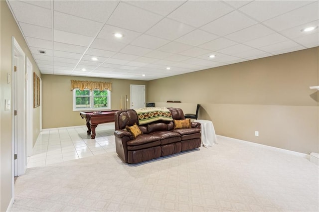 living room featuring baseboards, recessed lighting, pool table, and light colored carpet
