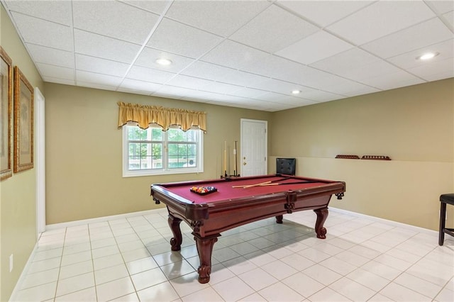 recreation room with pool table, recessed lighting, and a paneled ceiling