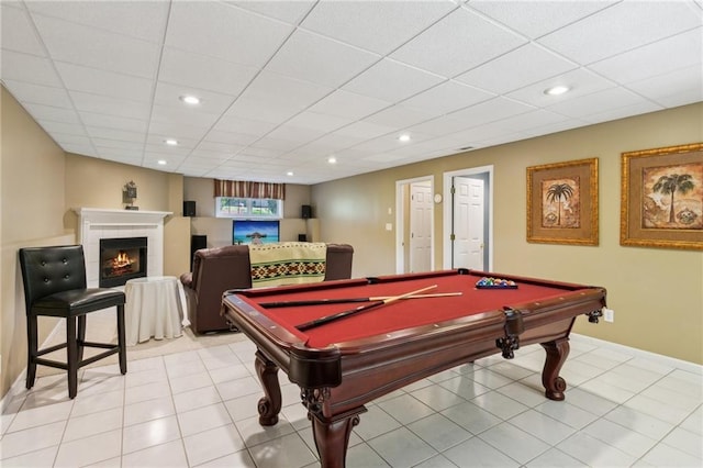 rec room with billiards, baseboards, a fireplace, and recessed lighting