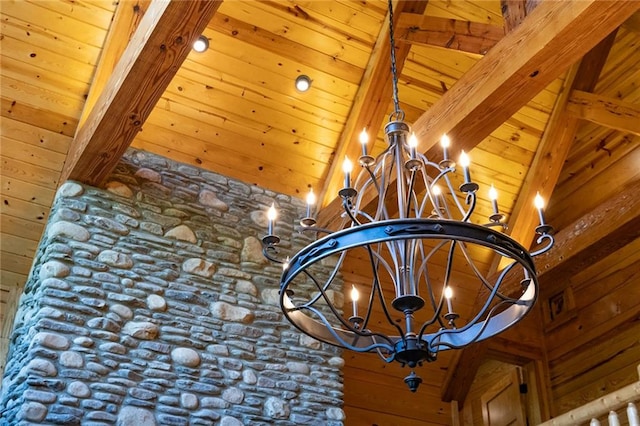 interior details with beam ceiling, a notable chandelier, and wood ceiling