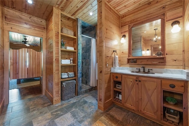 bathroom featuring wooden walls and wood ceiling