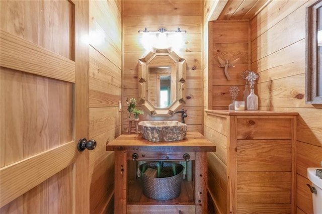 bathroom with wooden walls, toilet, and vanity