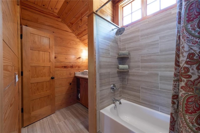 bathroom featuring wooden walls, wood ceiling, shower / bath combo with shower curtain, and vanity