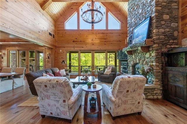 living room with a fireplace, high vaulted ceiling, hardwood / wood-style floors, and wooden ceiling