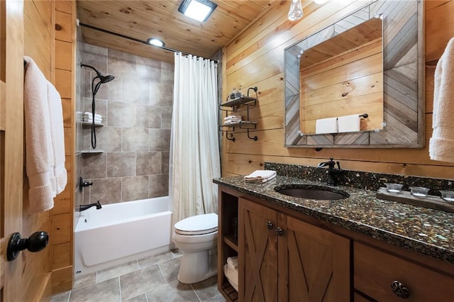 full bathroom with wooden ceiling, shower / tub combo with curtain, wood walls, vanity, and toilet