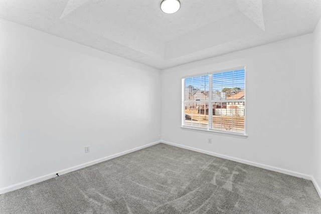 unfurnished room featuring a tray ceiling, carpet flooring, and baseboards