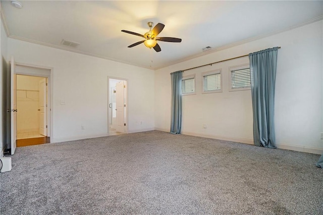 interior space with ornamental molding and ceiling fan