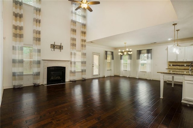 unfurnished living room with a towering ceiling, a healthy amount of sunlight, and dark hardwood / wood-style flooring