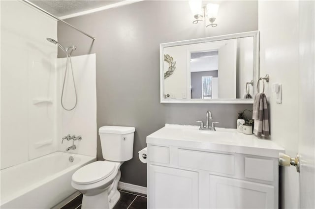 full bathroom with vanity, tile patterned floors, toilet, and shower / bath combination