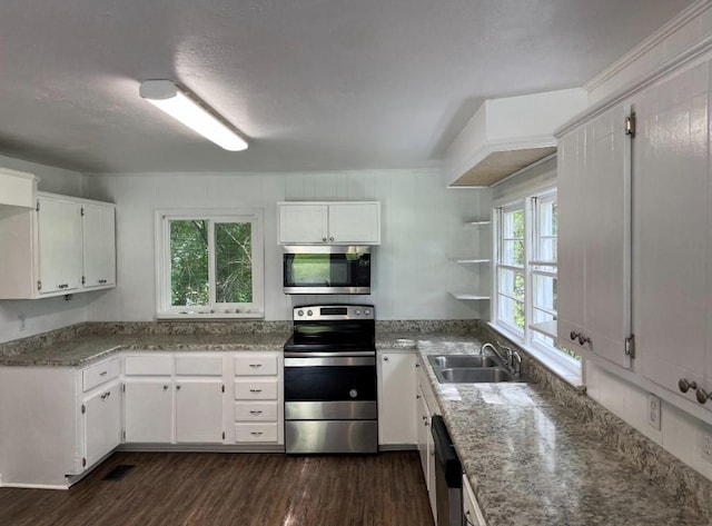 2888 Old Summerville Rd, Armuchee, GA 30105 - kitchen with appliances with stainless steel finishes, a sink, white cabinetry, open shelves, and dark wood finished floors
