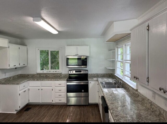 2888 Old Summerville Rd, Armuchee, GA 30105 - kitchen featuring stainless steel appliances, a sink, dark wood-style flooring, white cabinets, and open shelves