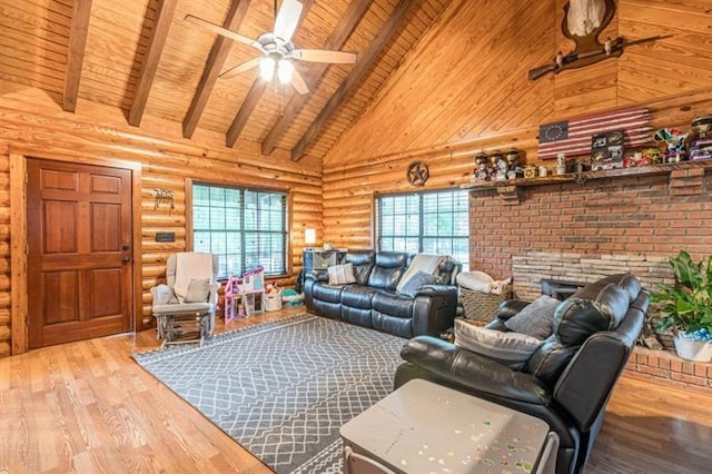 living room featuring beamed ceiling, log walls, light wood-type flooring, and high vaulted ceiling