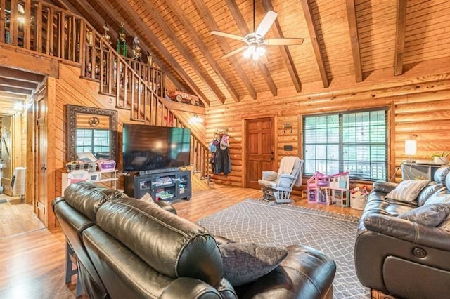 living room featuring log walls, beam ceiling, high vaulted ceiling, and wood ceiling