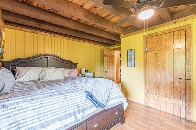 bedroom featuring ceiling fan, beam ceiling, wood ceiling, and wooden walls