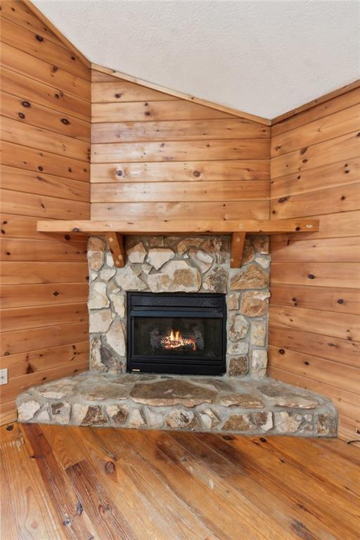 interior details featuring a stone fireplace and wood walls