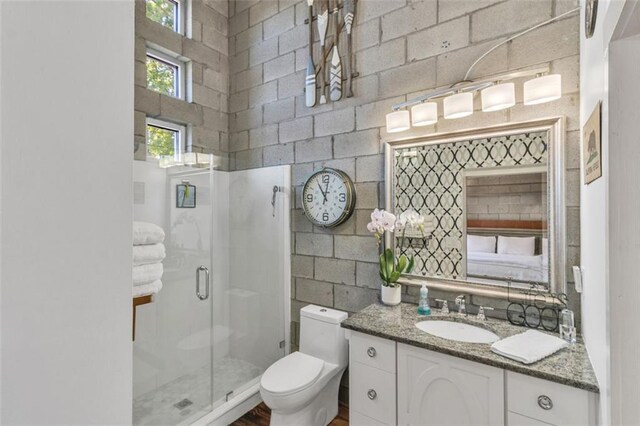 bathroom with a shower stall, toilet, and vanity