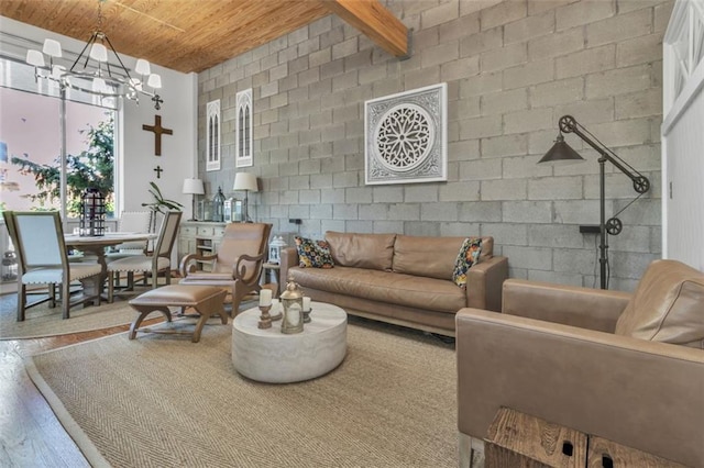 living room with wooden ceiling, wood finished floors, and a chandelier