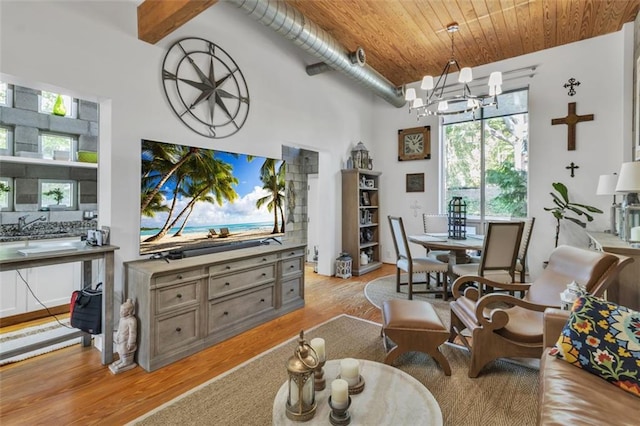 living room featuring a chandelier, light wood-style flooring, wood ceiling, and a towering ceiling
