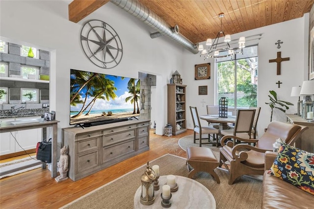 living room featuring light wood-type flooring, a chandelier, and wood ceiling