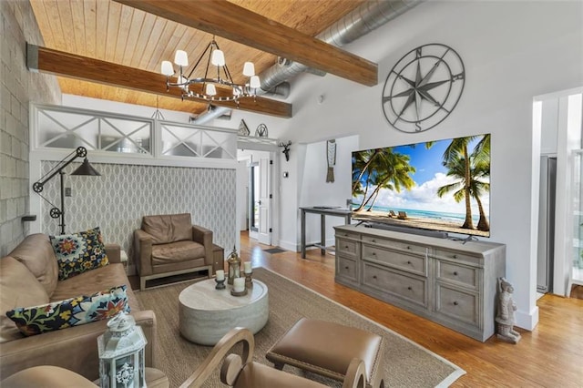living room featuring wood finished floors, a chandelier, beamed ceiling, wooden ceiling, and baseboards