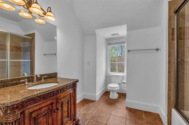 bathroom with visible vents, toilet, tile patterned floors, vanity, and tiled shower