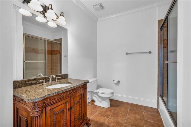 bathroom featuring tile patterned flooring, ornamental molding, a tile shower, and visible vents