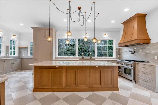 kitchen featuring double oven range, crown molding, a sink, custom exhaust hood, and light floors