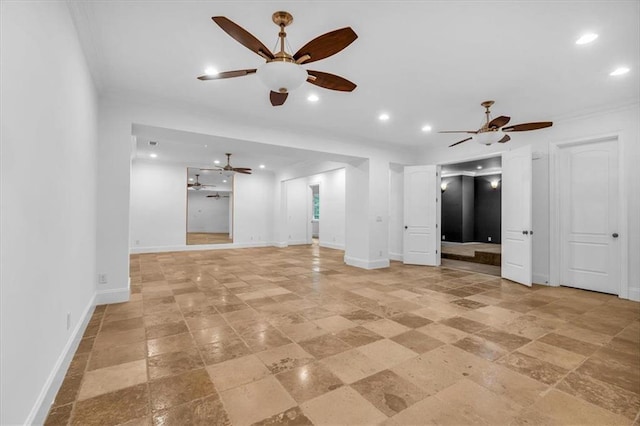 unfurnished room featuring a ceiling fan, baseboards, and recessed lighting