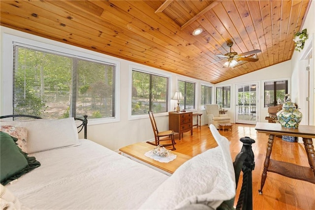 479 Deerpath Dr, Sautee Nacoochee, GA 30571 - bedroom with wooden ceiling, multiple windows, lofted ceiling, access to exterior, and wood finished floors