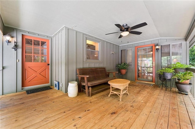 479 Deerpath Dr, Sautee Nacoochee, GA 30571 - doorway to property featuring a ceiling fan, board and batten siding, and a deck