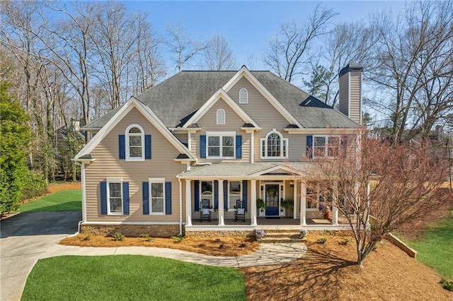 craftsman house with a front lawn, covered porch, driveway, and a chimney