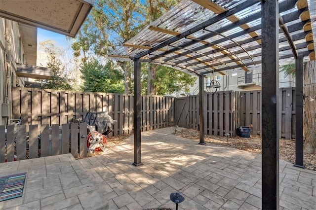 view of patio / terrace featuring a fenced backyard and a pergola