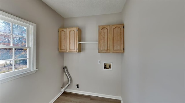 laundry area with dark hardwood / wood-style flooring, cabinets, a textured ceiling, and hookup for a washing machine